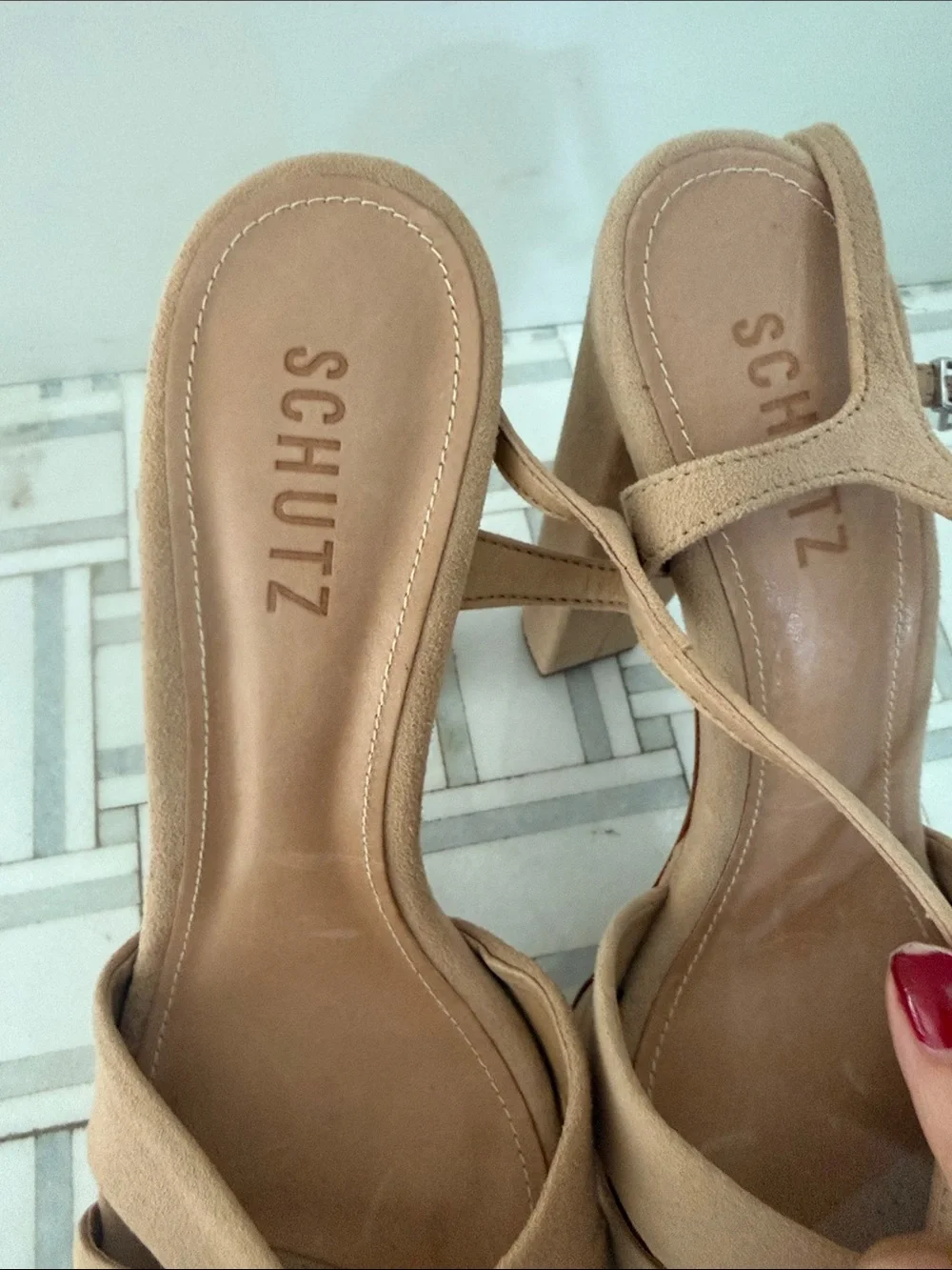SCHUTZ Tan Suede Crisscross Platform Heels